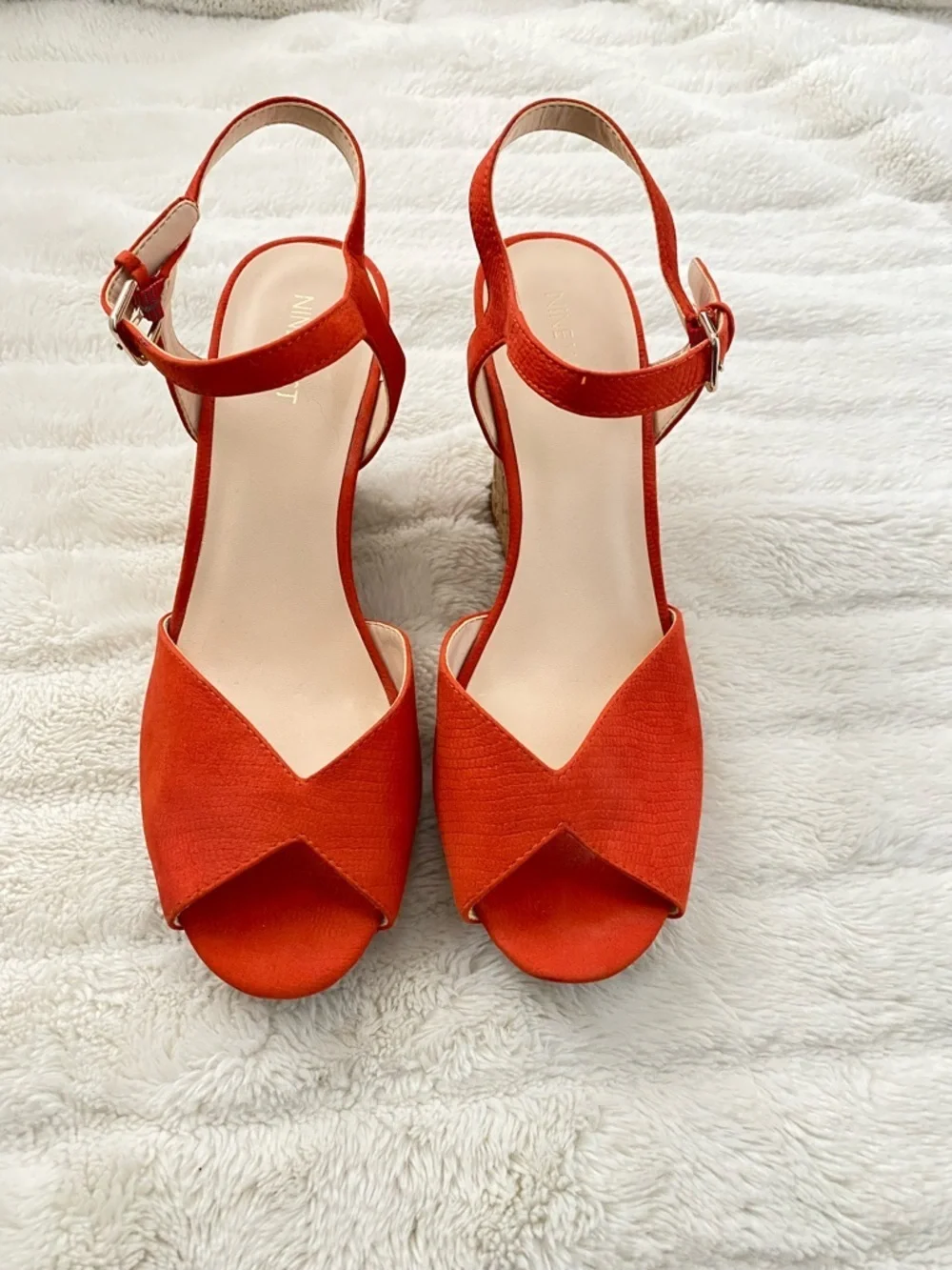 Nine West Orange Suede Wedge Sandals with Ankle Strap Size 10
